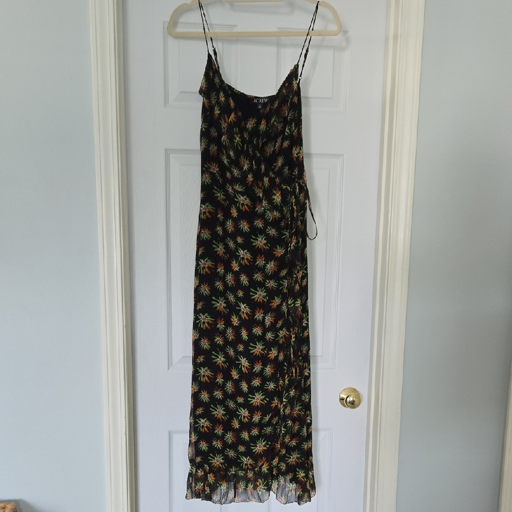 NWT JCrew Floral Black Midi True Wrap Dress MEDIUM